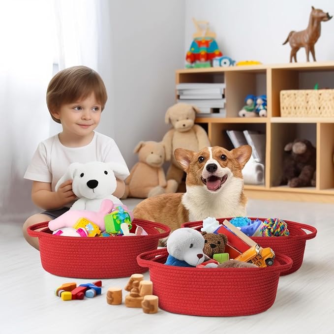 Small Baskets for Gifts Empty, 13"x 9"x 5" Woven Gift Basket with Bag and Ribbon, Cotton Rope Kids Dog Cat Toy Bin Box, Cute Baby Nursery Organizer, Decorative Storage with Handles, Red