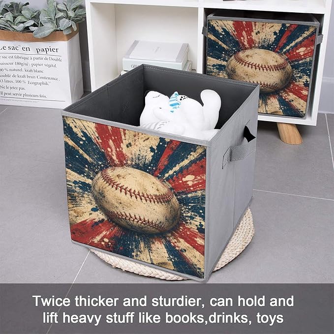 Baseball Vintage Grunge Art Storage Bin with Handles, Oxford Fabric Foldable Storage Cube Organizer for Clothes, Towels, Bedroom, Living Room, Home Organization