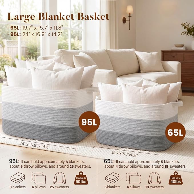 65L Large Woven Blanket Basket for Living Room, 19.7"x15.7"x11.8" | Nursery Laundry Hamper with Handle for Organizing Blankets, Pillows, Toy Storage With Handle, Large Baskets for Organizing