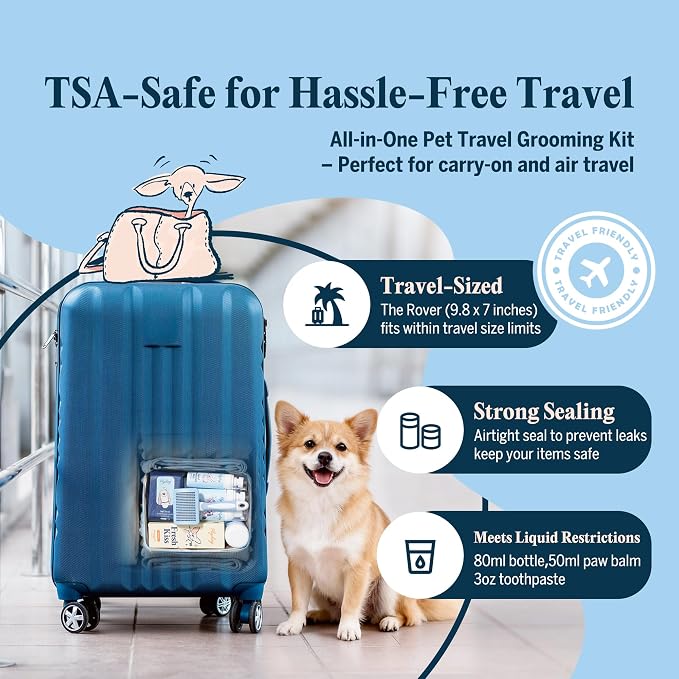 FlyDog The Rover Pet Travel Bag - 11 Piece Dog Grooming Kit with Shampoo, Conditioner, Paw Cream, Toothpaste & Toothbrush, and More, Dog Camping Essentials for Hiking and Outdoor Adventures