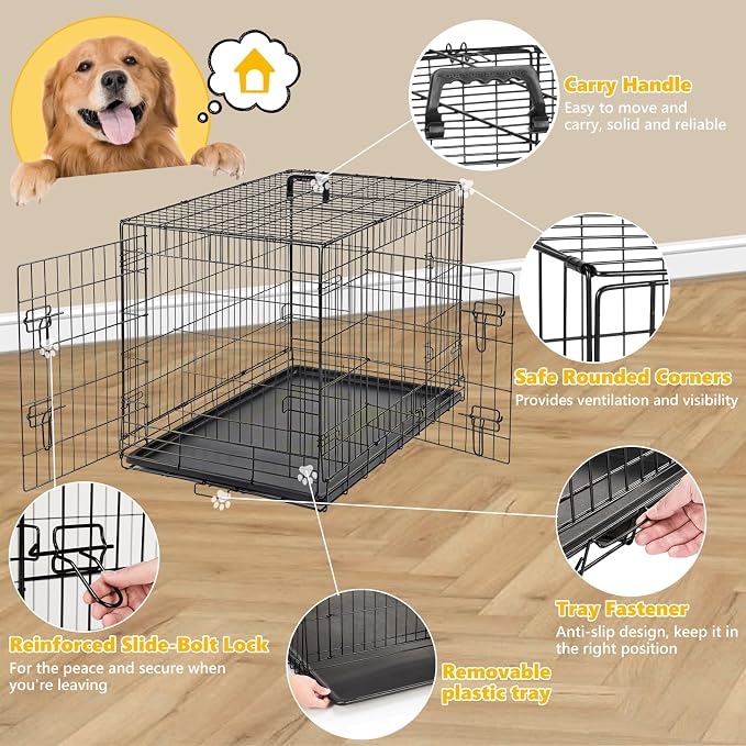 Medium Dog Crate 36 Inch, Metal Wire Foldable Dog Cage Kennel | Double Door, Secure Lock, Plastic Leak-Proof Pan Tray, Indoor Outdoor Training Pet