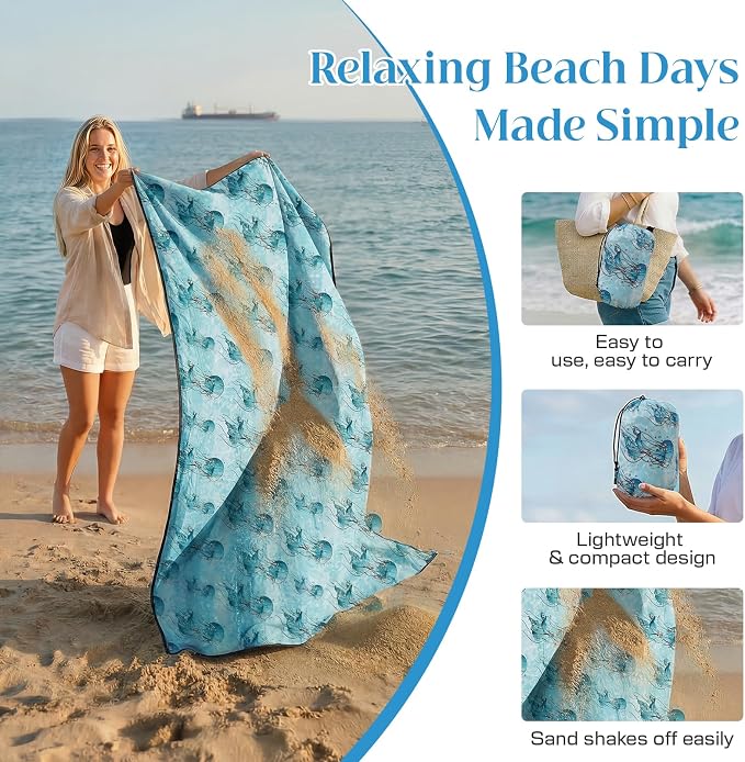 OIGAE Beach Blanket Waterproof Sandproof Oversized Beach Mat | Picnic Mat with Stakes, Storage Bag - Essentials for Outdoor Beach, Picnic,Quick-Dry Lightweight,Windproof Pockets