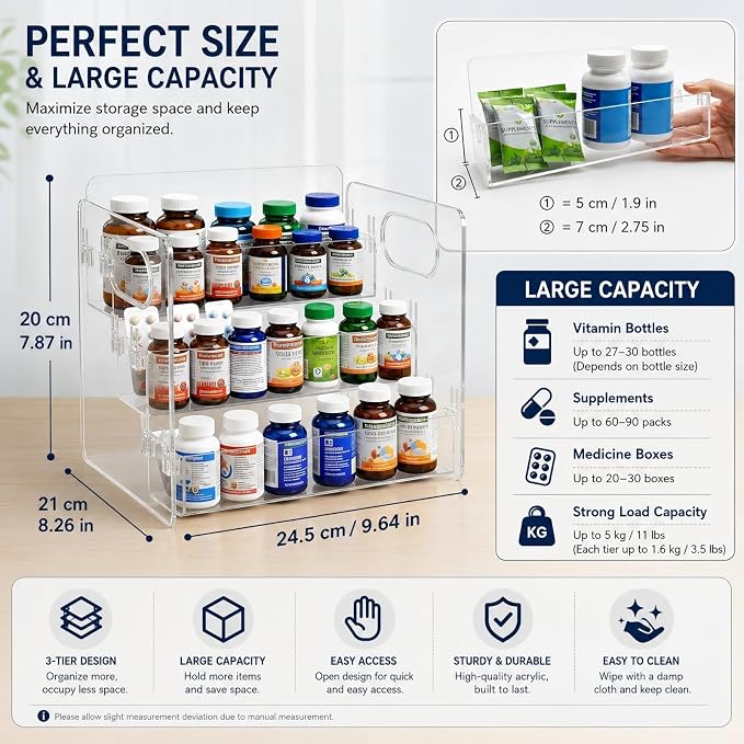 3-Tier Vitamin Storage Organizer, Organizer For Vitamin Bottles And Medicine Bottle, Vitamin Bottle Organizer For Countertop, Bathroom Cabinet Storage Items Are Clearly Visible (2item)