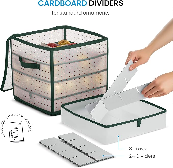 ZOBER Christmas Ornament Storage Box Plastic - Stores 64 3" Ornaments with Individual Trays - Ornament Organizer Storage Box, Durable Christmas Containers Holder - Green