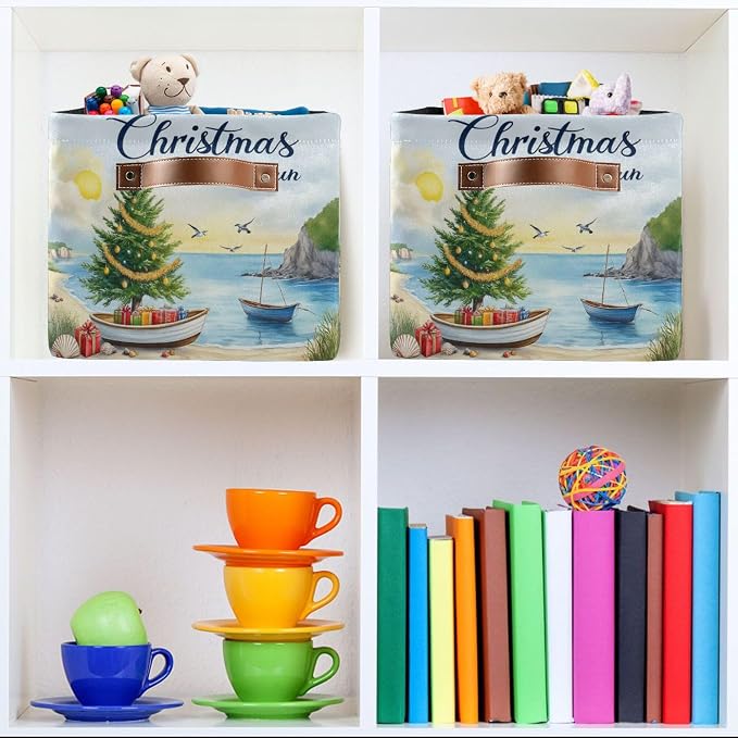 Christmas Beach Time Storage Basket with Waterproof Liner and PU Handles Xmas Tree Summer Theme Storage Bins Boxes 14.2" Collapsible Decorative Organizer Baskets for Bedroom Closet Office 1 Pack