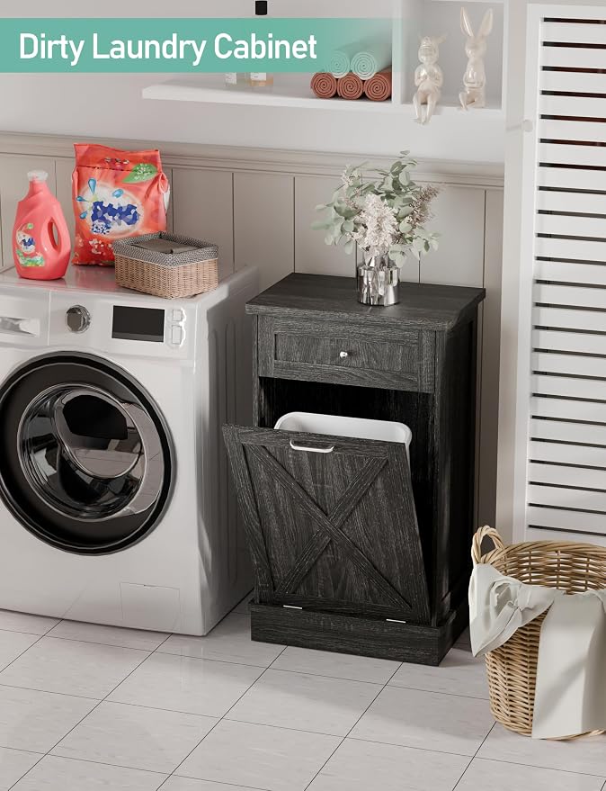 TOLEAD 10 Gallon Tilt Out Trash Can Cabinet Wooden Hidden Trash Cabinet with Solid Wood Top & Drawer, Farmhouse Kitchen Garbage Bin Enclosure Pet Proof Laundry Hamper for Kitchen, Bathroom Grey
