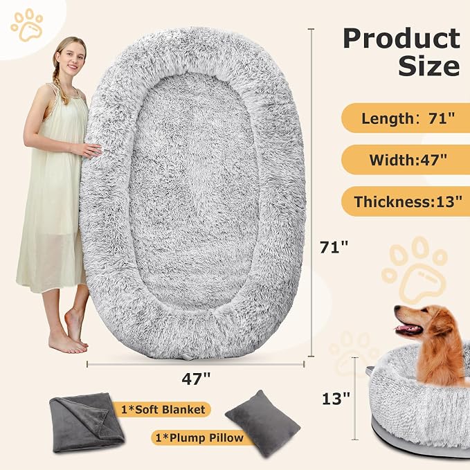 Human Dog Bed for Adult, 71"x48" Large Pet Dog Bed, Cool Grey | Adult Dog Bed for Humans with Pillow & Blanket, Fluffle Cloud Dog Bed with Orthopedic Foam Bolster, Durable Zipper, Portable