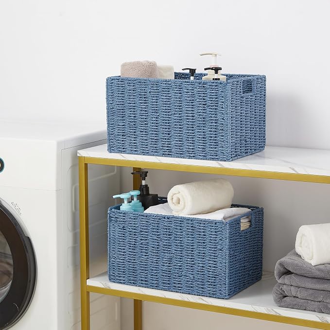 Vagusicc Wicker Storage Basket, Set of 2 Hand-Woven Paper Rope Wicker Basket, Small Storage Baskets for Organizing Toilet Paper Basket, Foldable Large Cube Storage Organizer Bins for Shelves (Blue)