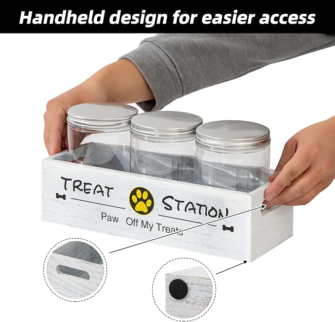 Dog Treat Container with 3 Airtight Jars and Wooden Tray, Labels and Marker | Reusable Write-On Stickers, Built-In Handles, Clear Pet Food Storage Canisters for Countertop, Farmhouse Decor for Pet Owners