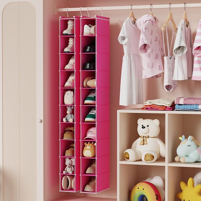 MAX Houser 2 Pack 10 Tier Slim Hanging Shoe Organizer Pink | Foldable Hanging Shoe Storage Shelf with 2 Metal Hooks, Space Saving Storage for Narrow Space