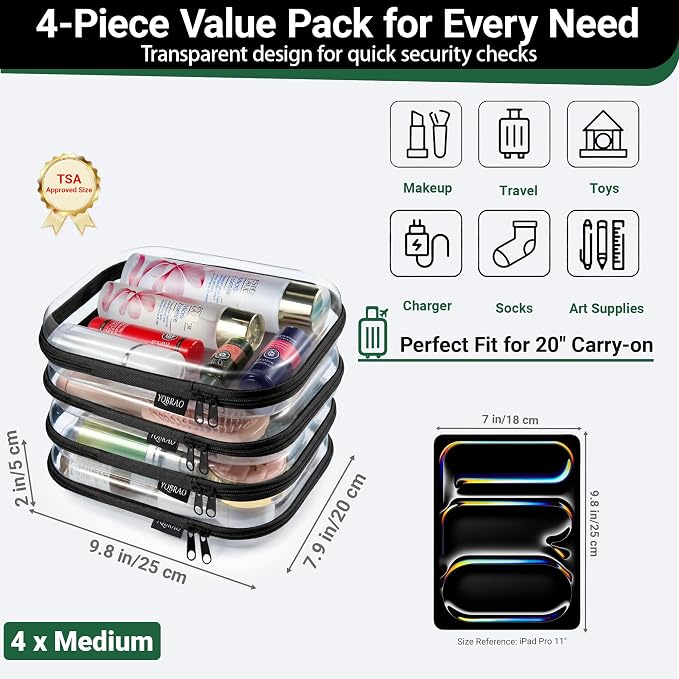 YQBRAO Clear Hard Shell Zipper Cases, 4 Medium Makeup Organizers, Black | Rigid 1.2 mm PET and YKK dual zippers for skincare, toiletries, chargers, notebooks and daily essentials