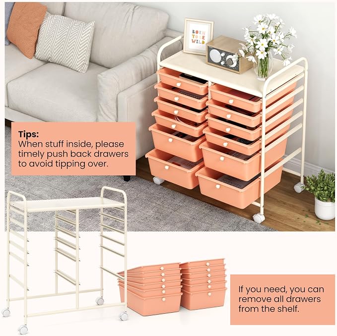 12 Drawer Rolling Storage Cart, Art Cart Organizer on Wheels, Mobile Utility Cart with Drawers, Multipurpose Craft Drawers for Home Office School Classroom (Peach)