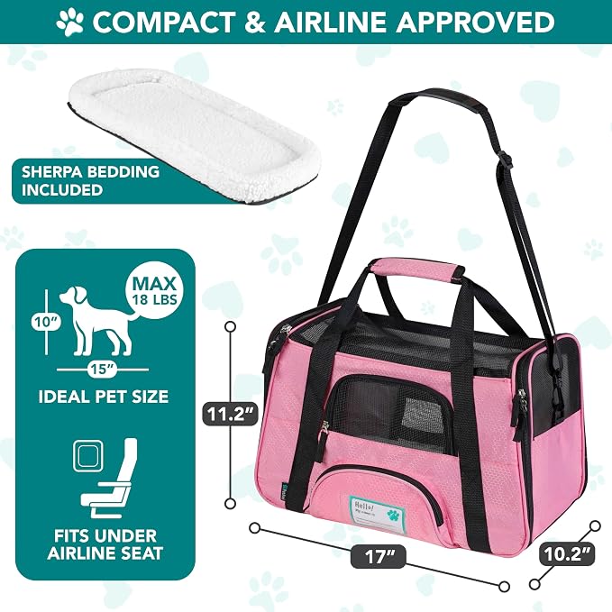 PetAmi Airline Approved Pet Carrier for Cats & Small Dogs, Small, Pink | Soft Sided TSA Travel Bag, Sherpa Bed, Breathable Mesh Ventilation, Collapsible Bowl, Fits Under Seat, Up to 18 lbs