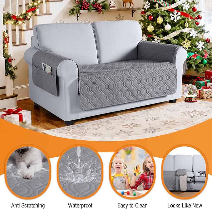 VANSOFY Waterproof Loveseat Couch Cover for Pets, Light Gray, 47.2" | Non-Slip, Washable, Utility Pockets, Pet Friendly, Furniture Protector Slipcover for 2 Cushion Couch