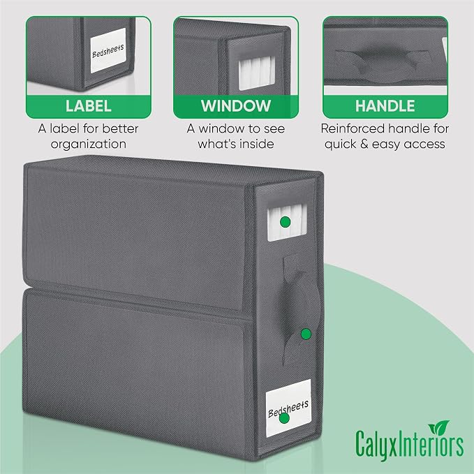 Calyx Interiors Bed Sheet Organizers and Storage | Set of 2 | Reinforced Handle & Zipper | Clear Window & Labeling Slot | Protect Linens from Dust, Moisture & Pet Hair (Queen/King Size, Solid Gray)
