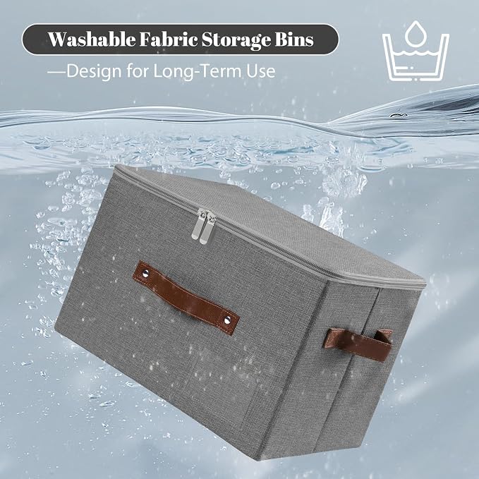 ANMINY Storage Box Fabric Bins with Zipper Lid, 17.7"x13.8"x10" Gray, 3PCS | Keepsake Box, Decorative, Cotton Linen, Reinforced PP Board Frame, Washable, Stackable & Foldable, Label Holder & PU Handles