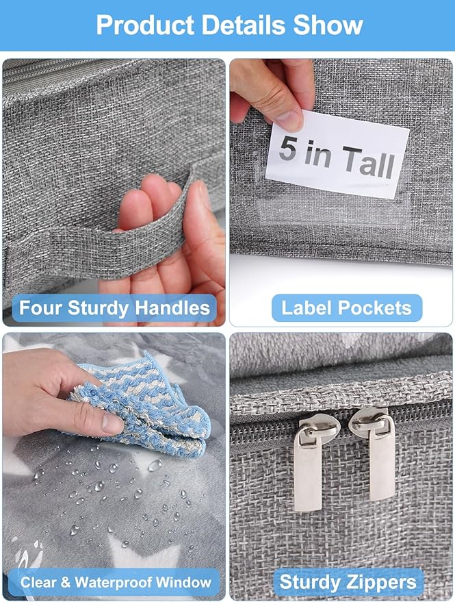 punemi 5 inch High Soft Fabric Low Profile Under Bed Storage, 4 Pack, Grey | Thin Clothes Storage Containers with 3 Handles & Clear Lid, Ideal for Bedding & Blankets, Fits Under Cribs, Sofas & Dorm Beds