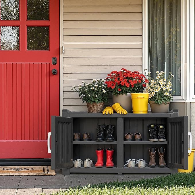 ROJIK Shoe Cabinet Storage Bench Indoor Outdoor, Waterproof UV-Resistant Resin Entryway Furniture with Adjustable Shelves for Hallway, Living Room and Bedroom (Double Door, Classic Black)