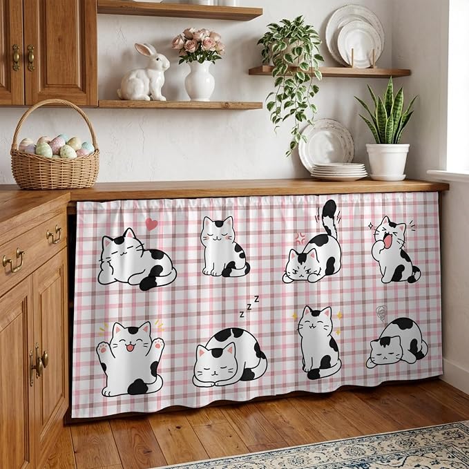 Cute Cat Cabinet Curtains 28"x51" Sink Skirt for Bathroom Kitchen, Modern Playful Pet Cats Pink Brown Plaid Self Stick Adhesive Under Desk Covers Tall Laundry Cabinet Storage Organizer