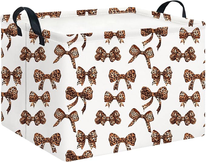 CLOCOR Rectangular Storage Basket,Waterproof Books Box with Handles,Gift Basket(Leopard Print Bow)