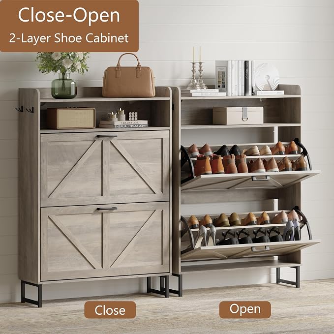 Xixini Shoe Storage Cabinet with 2 Flip Drawers, Entryway Shoe Rack, Grey | Freestanding Narrow Shoe Storage, Hidden Slim Wood Shoe Organizer, Modern Farmhouse, Open Storage & Hooks for Closet, Hallway