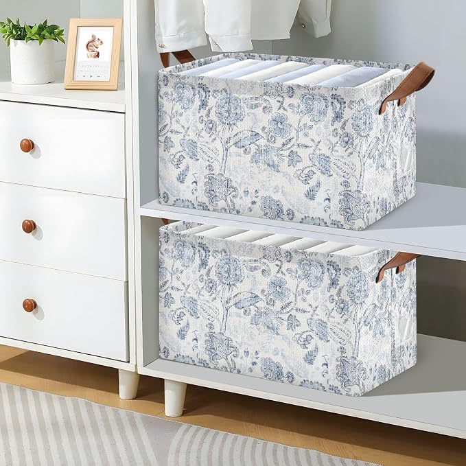 Vintage Blue Floral Rustic Retro Ethnic Storage Bins for Shelves with Labels&Handles Fabric Organizer Bin Foldable Rectangle Storage Basket Boxes for Closet, Bathroom, Home, Living Room, 2 Pack