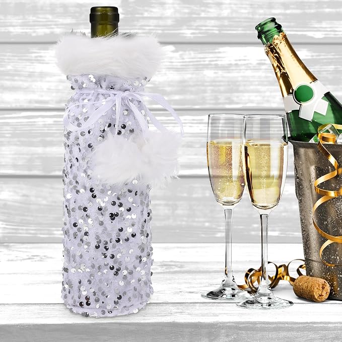 DECHOUS Wine Pouch Bottle Silver Cover Christmas Plush with Bag Pet Material, Decorative Drawstring Wine Bottle Storage for Holiday Party and Coffee Shop Use
