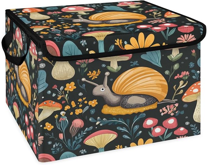 Snail Storage Bins with Lids, Boho Mushroom Foldable Storage Boxes with Carrying Handle Organizer Containers Baskets Cube for Home Bedroom Closet
