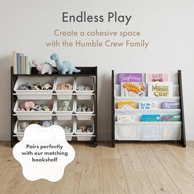 Humble Crew Kids Toy Organizer with Display Shelf, 9 Bins, 3 Tier Storage | Sturdy wood and steel toddler shelf, removable BPA-free containers, wall anchor anti-tip safety kit for bedroom or classroom