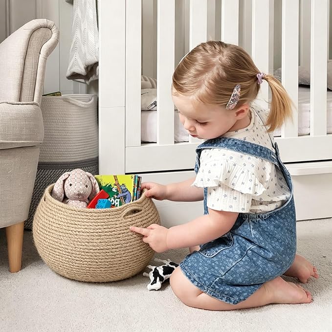 Goodpick Round Small Wicker Storage Basket for Shelves, 10" x 8.3", Jute | Decorative Woven Basket for Toy Storage, Baby Gift Basket with Handles, Fits Living Room & Nursery Décor, Plant Baskets