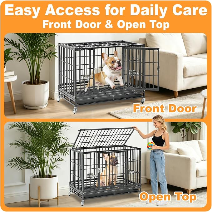 Homey Pet Three Tier 37" Heavy Duty Stackable Dog Crate with Wheels | Metal Cage for Dogs with Escape proof Locks, Tray, Bowl, Open Top, for Small and Medium Dogs, Breeders and Multi-dog Homes