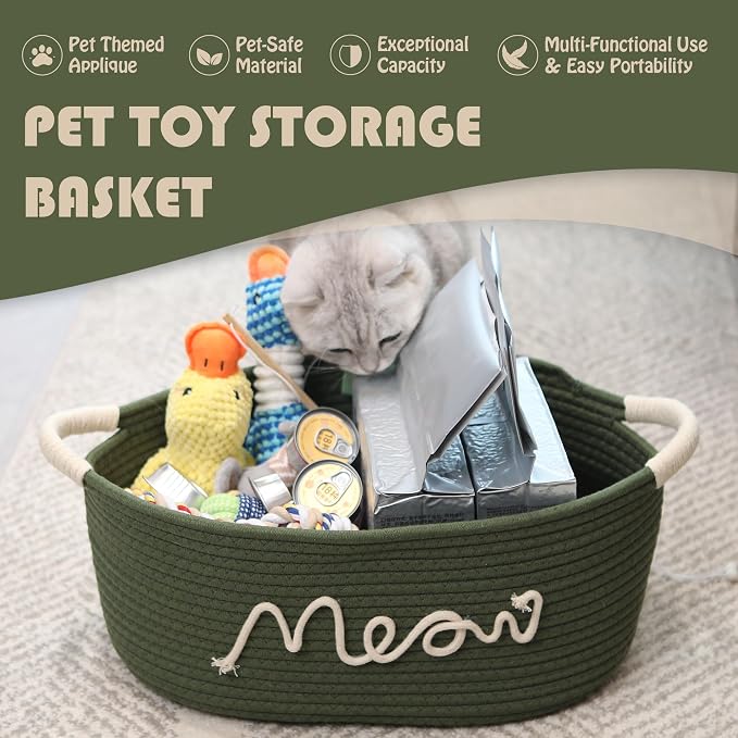 Sea Team Cat Toy Storage Basket with Handles, Green Meow | Large Cotton Rope Storage Bin, Shelf Basket, Organizer for Pet Chew Toys, Foods, 16.5 x 11 x 7 Inches, 4.4 Gallons