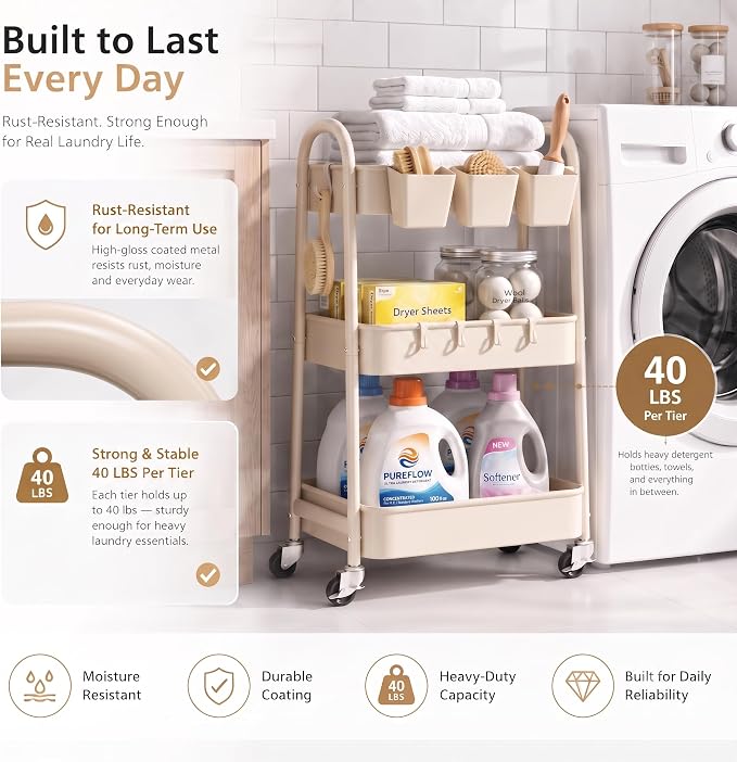 Beige 3 Tier Rolling Cart Metal on Wheels, Three Tiered Storage Organizer Utility Trolley with Wheels for Art, Craft, Baby Diaper Caddy, Snack, Book, Nail, Lash, Cleaning Supplies, Kitchen, Bathroom