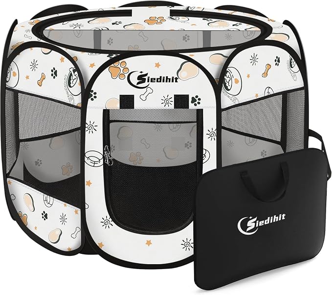 Siedihit Dog Playpen, Medium Dogs Tent Crates Cage Indoor/Outdoor | Portable Pop Up Dog Kennel Playpen with Carrying Case for Dogs/Cats/Rabbits(Cute, Medium)