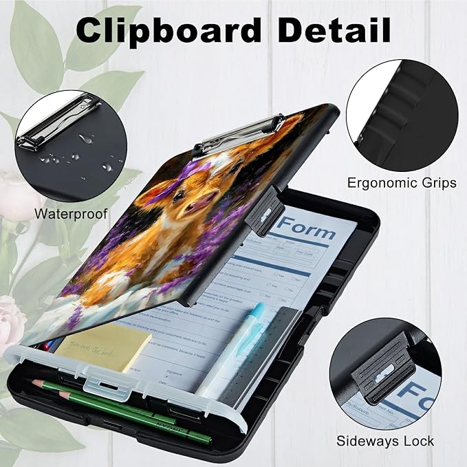 A4 Clipboard with Storage Pen Holder, Clipboards Organizer Nursing Clipboard Foldable File Folder Plastic Clipboard Folio Clip Board for Office Work Classroom Doctor, Lavender Cow