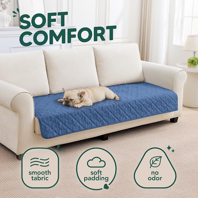 PAWFINITY Waterproof Couch Covers for Dogs, Pet Blanket for Sofa Washable | Paw Print Quilted, Hair Resistant, Anti Cat Scratch, Pee Proof Furniture Protector for 3 Seat Sofa and Bed, 30x80 Inch, Blue