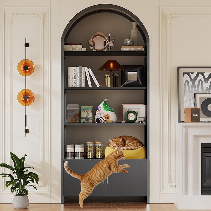 Kepptory Arched Cat Storage Shelf, 5-Tier Cat Tower Display Rack with Cabinet