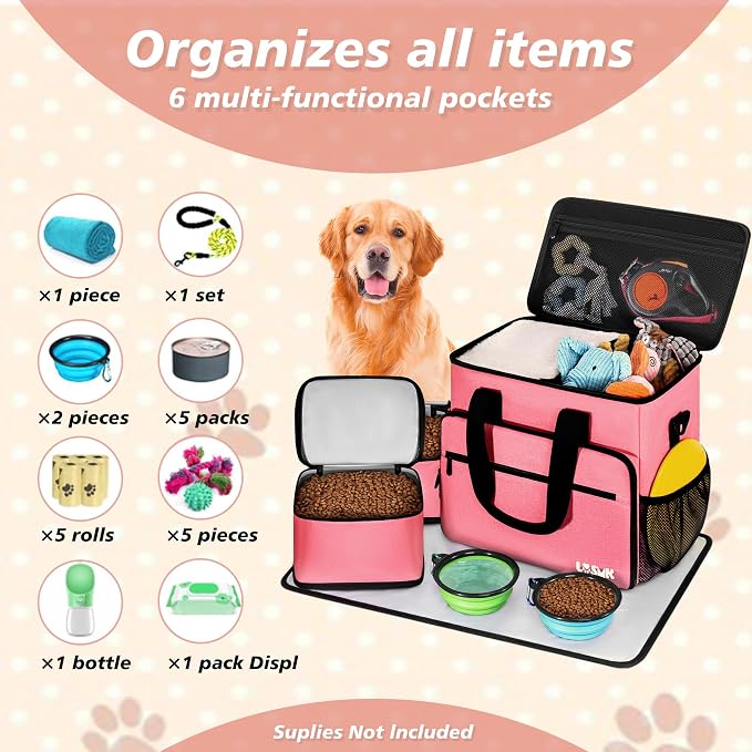 Dog Travel Bag, Large Pet Travel Set with Multi-Function Pockets | 2 Food Storage Containers, 2 Collapsible Bowls, 1 Feeding Mat for Pet Supplies, Road Trip Essentials, Weekend Camping, Pink