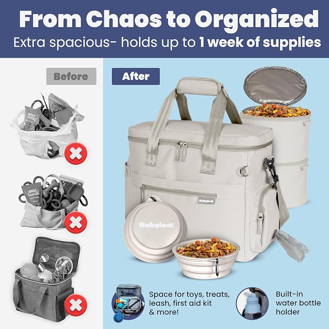 Original Doggy Bag™ Dog Travel Bag for Supplies with Travel Bowls | 2 BPA-Free Collapsible Bowls, 2 Pet Food Containers, TSA-Ready, Road Trips, Camping, Weekend Getaways, Doggy Gift, Beige