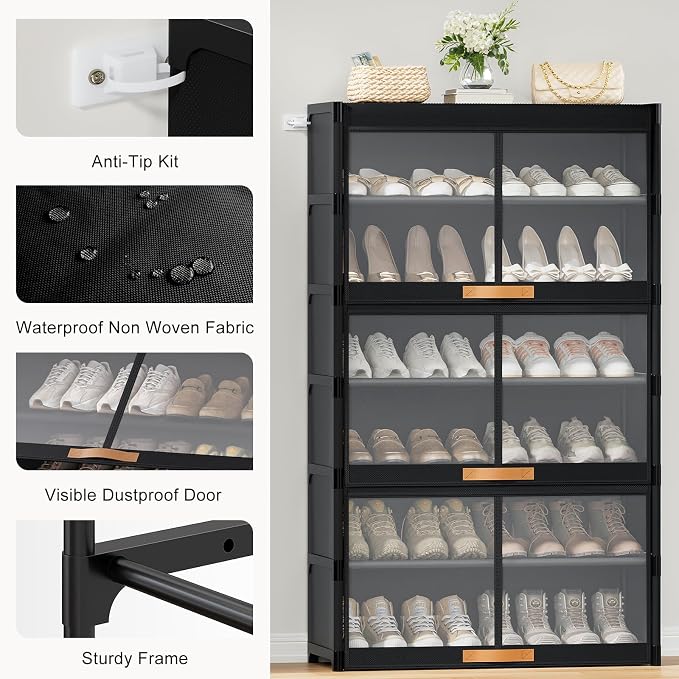 7 Tier Shoe Cabinet with Doors, 24-Pair Storage, Black | Tall Design Saves Floor Space, Transparent Doors for Quick Find, Adjustable Layers for Boots, Waterproof & Easy Wipe