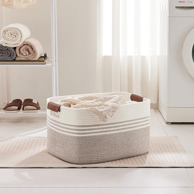 60L Woven Laundry Basket Hamper with Leather Handles,Brown | collapsible wicker hamper, storage for dirty clothes, toys, blankets, gifts, living room, bedroom, bathroom, 21"x15"x11"