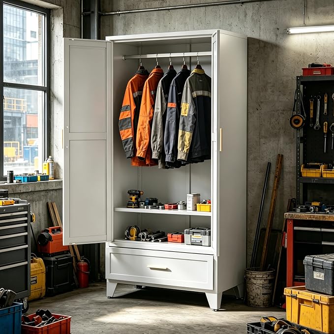 71" H White Storage Cabinet with Doors,Metal Storage Cabinets,Garage Cabinet,Broom Closet Storage Cabinet,Utility Cabinet