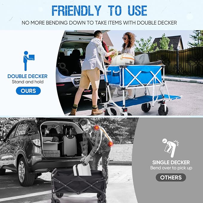 Old Bahama Bay 400L Collapsible Double Decker Beach Wagon with Brakes, Folding Beach Cart with 54" Extra Long Decker, 450LBS Heavy Duty Wagon Chart with All-Terrain Big Wheels for Sand Camping Garden