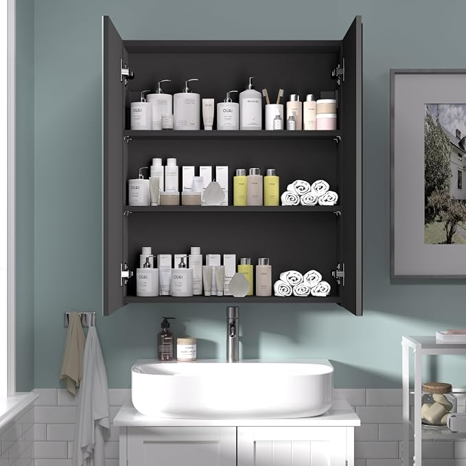 28x24 inch Bathroom Wall Cabinet, Saver Storage Cabinet, Medicine Cabinet with 2 Door and Adjustable Shelves, Black（Assembly Required）