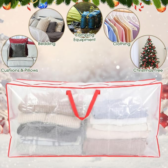 2 Pack Extra Large Moving Bags, 126 Gal Heavy Duty Storage, Red | Clear Waterproof Storage Bags with Reinforced Handles Zipper, For Clothes Bedding Seasonal Decorations Holiday Organizer
