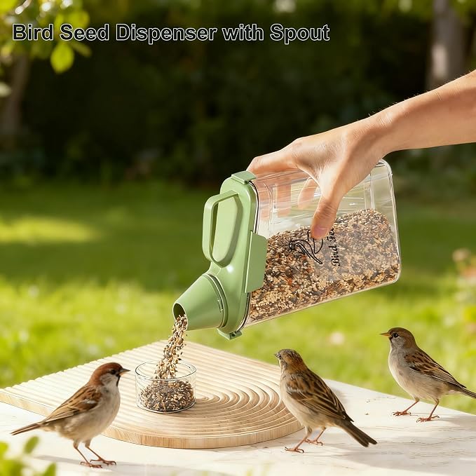 Bird Seed Storage Container Portable-3 Qt/2.8 L Clear Pet Food Container-with Measuring Cup/Lid,Airtight Wild Bird Seed Dispenser for Storing Sunflower Seed|Squirrel proof|BPA Free-Green