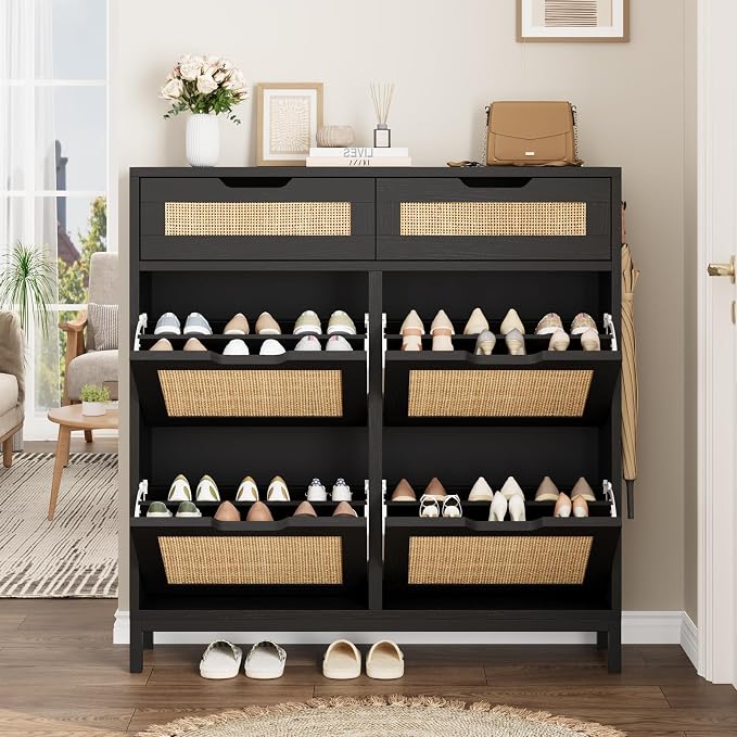Jocoevol Rattan Shoe Cabinet for Entryway, Boho Shoe Storage Cabinet with 4 Flip Drawers and 2 Drawers, Narrow Freestanding Shoe Rack with Metal Legs for Entryway/Hallway/Foyer (Black)