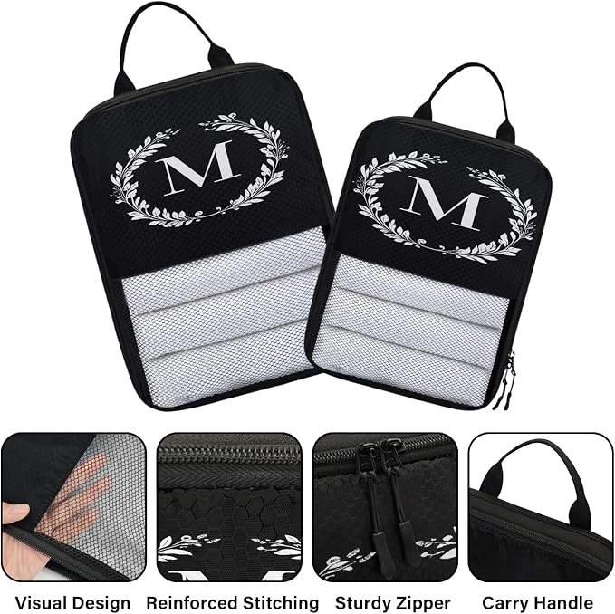 Letter M 6 Set Compression Packing Cubes Natural Floral Design Expandable Packing Organizer for Travel Accessories Luggage Suitcase Bag