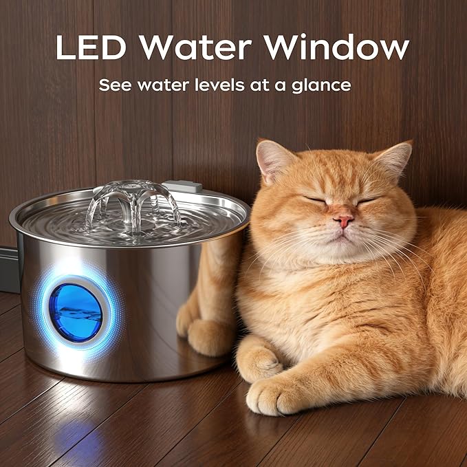 3.2L/108oz Cat Water Fountain, 304 Stainless Steel Top, Detachable Tank Makes Cleaning a Breeze, Ultra-Quiet Pump for Light Sleepers, for Multiple Cats, No More Dirty Plastic