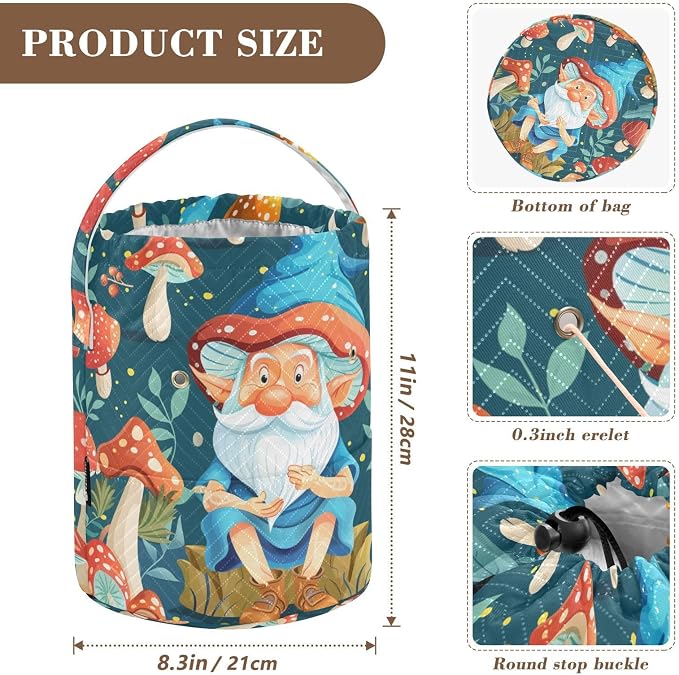 Fustylead Magical Gnome and Vibrant Mushroom Knitting Crochet Bag, Portable Large Yarn Storage Drawstring Basket Organizer for Crocheting Hooks, Project, Store Skein Ball, Short Knitting Needle